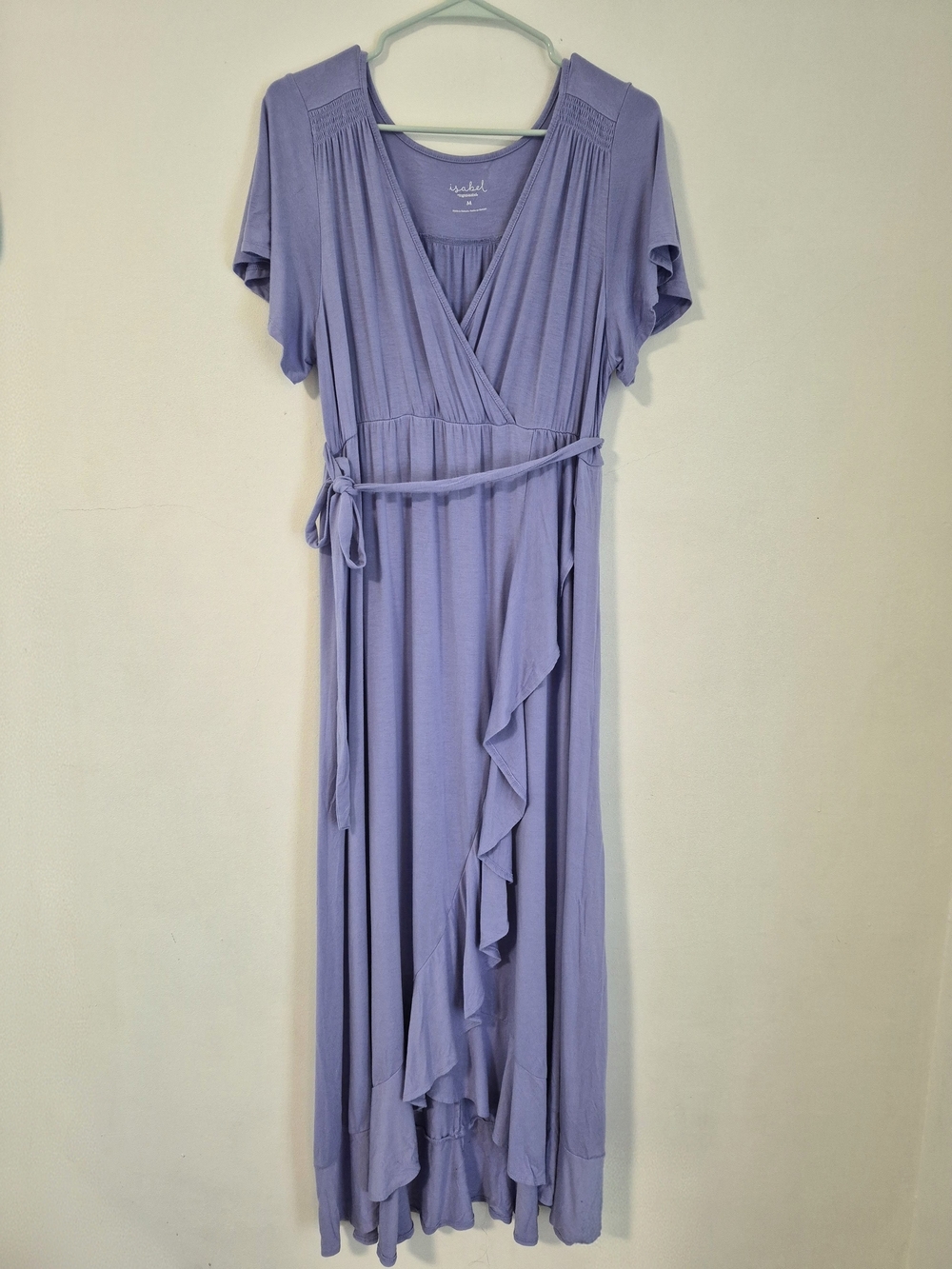 Lavender Maternity Wrap Maxi Dress with Ruffle Trim and Tie Waist